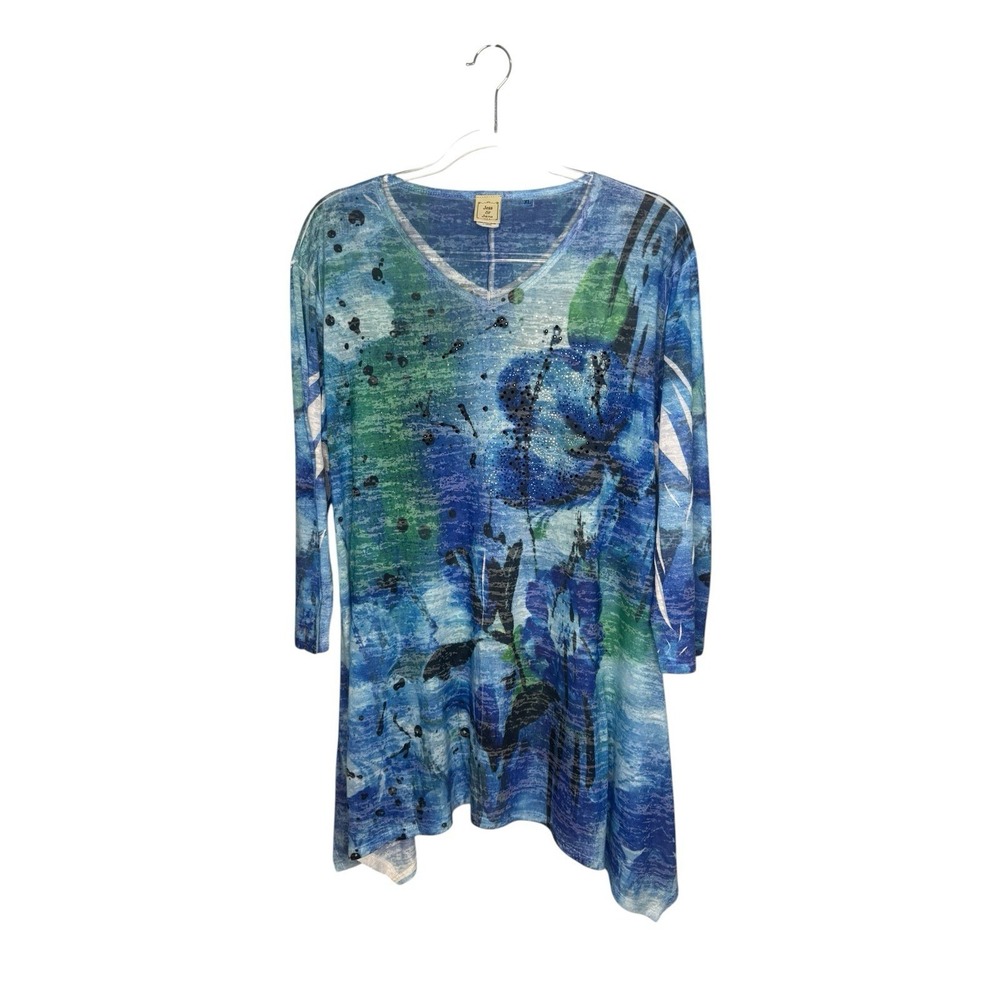 Jess & Jane Tunic Top Size XL Abstract Print Blue Artsy Boho Beachy Made in USA
